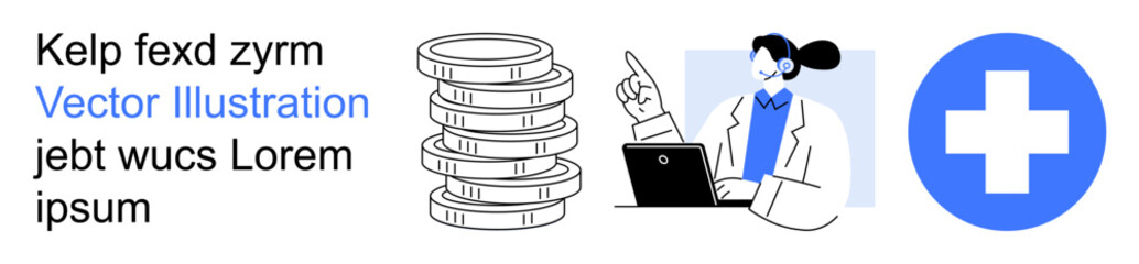 Obraz premium Healthcare, financial planning, medicine, digital tools, technology integration, economics. A doctor with a laptop, coin stacks and a healthcare symbol. Healthcare and financial planning ideas