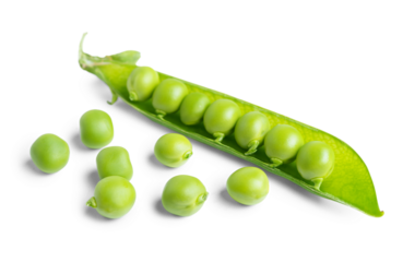Open green pea pod with individual peas scattered around, isolated on white, transparent background. Food related designs, healthy lifestyle, and organic products legume, crop, food ingredient