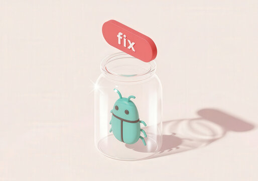 Cute cartoon bug trapped in a jar with a 'fix' button above it