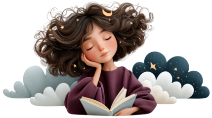 Young girl with curly hair is daydreaming while reading a book surrounded by whimsical clouds and stars, capturing a moment of imagination and wonder. isolated image, transparent background
