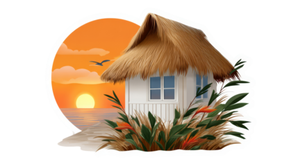 Tropical beach hut with thatched roof surrounded by lush greenery and vibrant flowers, set against a stunning sunset over the ocean. isolated image, transparent background
