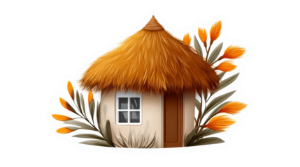 Cozy thatched-roof cottage surrounded by vibrant orange flowers and lush greenery, creating a warm and inviting atmosphere for relaxation and tranquility. isolated image, transparent background
