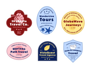 Travel agency logos featuring various travel services and activities from different companies aimed at travelers looking for adventures and deals