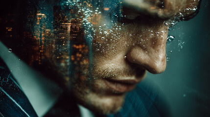 Male double exposure portrait, face underwater with bubbles and night city, concept of emotions, depth, inner world.
