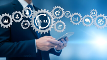 Professional uses smartphone for agile digital transformation, visualizing strategic innovation and interconnected business technology with dynamic gear icons