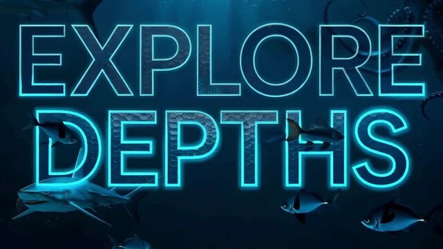 Deep exploration typography &ldquo;Explore Depths&rdquo; with ocean background and glowing blue text