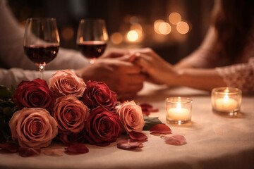 Obraz premium Romantic Candlelight Dinner with Roses and Wine, Intimate Valentine’s Day Love Scene for Couples, Elegant Wedding and Marriage Season Celebration Concept, Anniversary Romance, Fine Dining and Premium 