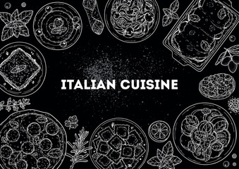 Italian cuisine top view frame. Italian food. Vector drawing illustration. Set of sketches of Italian dishes. Food menu design template. Chalkboard style. Not AI generated.