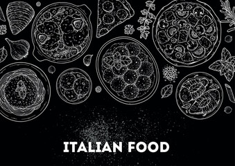 Italian cuisine top view frame. Italian food. Vector drawing illustration. Set of sketches of Italian dishes. Food menu design template. Chalkboard style. Not AI generated.