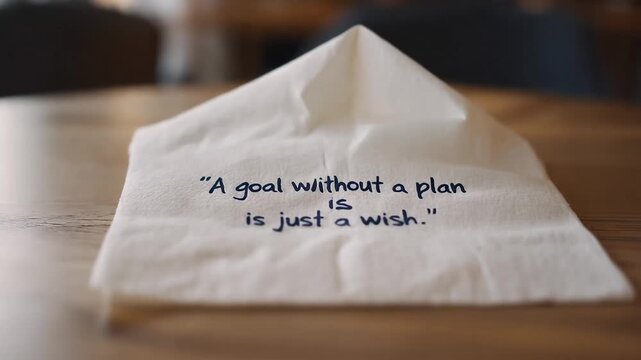 Holding a paper napkin with a quote about goals and plans on a wooden table in a cafe