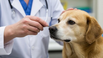 A veterinarian examining a dog in a clinic, illustrating tick removal, parasite control, and professional pet healthcare during a routine checkup.