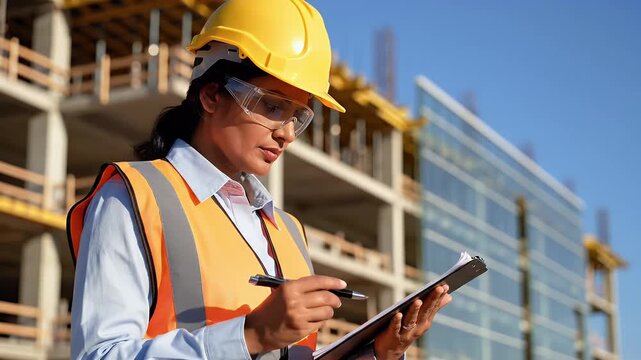 Construction Site Inspection Female Engineer Architect Surveyor Safety Check Report Building Project Management Quality Control Blueprint Assessment Review