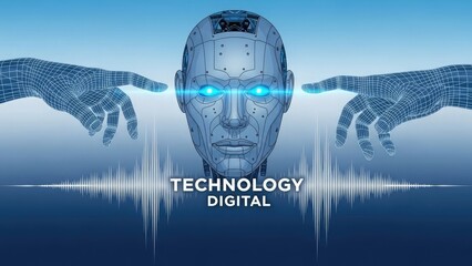 Digital human head with glowing eyes and sound wave