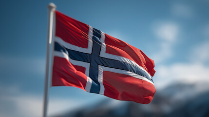 Norway – National Flag Waving in the Wind Against Blue Sky, Symbol of Nordic Heritage, Freedom and National Identity
