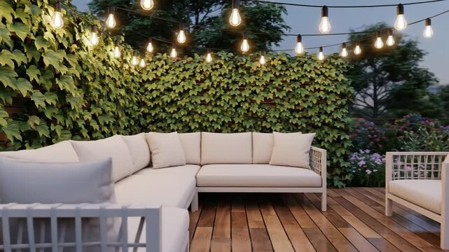 Sunlit rooftop deck with white wicker furniture string lights and ivy-covered privacy wall, at dusk