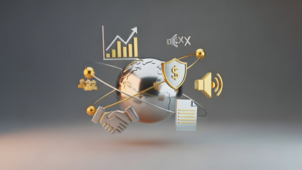 Hand holding smartphone with business icons around.