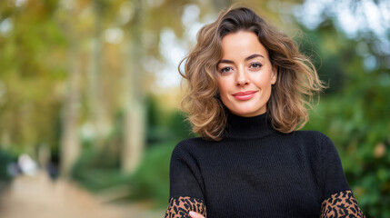 Smiling woman with curly hair in a park, suitable for lifestyle blogs, social media posts, summer themed designs, and wellness campaigns.