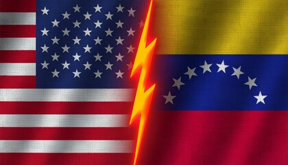 US and Venezuela flags split by jagged lightning bolt, symbolizing division and geopolitical conflict.