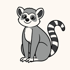 Fototapeta premium A cartoon lemur sitting with a smiling face and a striped tail in a simple illustration style