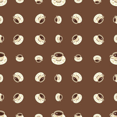 Seamless Coffee Cups Pattern on Warm Brown Background