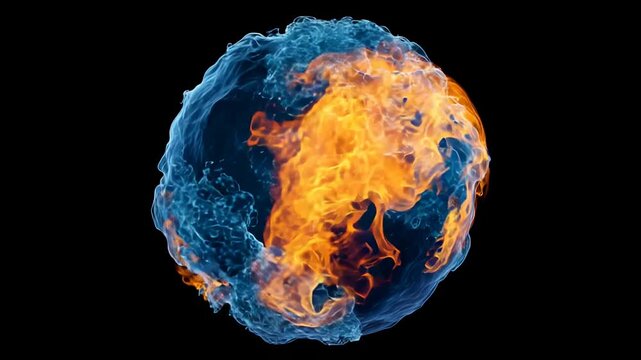 Sphere of fire and water in dynamic motion on black background, abstract energy contrast and duality concept