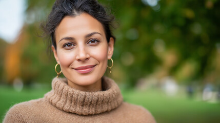 Smiling woman in a brown sweater outdoors, perfect for fall and winter lifestyle blogs, commercial promotions, and social media posts.