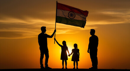 Silhouette of Indian Family Holding National Flag at Sunset