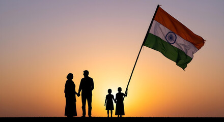 Silhouette of Indian Family Holding National Flag at Sunset