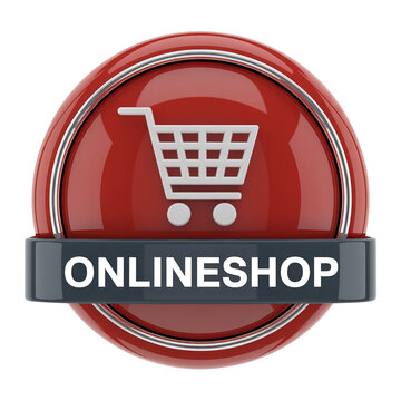 Red 3D Online Shop Button with Shopping Cart Icon and Bold Banner