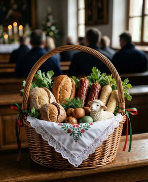 Traditional easter basket with bread, sausages, eggs, and decorative lamb in a church setting
