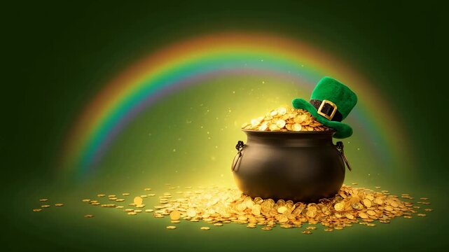 Pot of gold with leprechaun hat and rainbow on green background, St. Patrick's Day holiday celebration