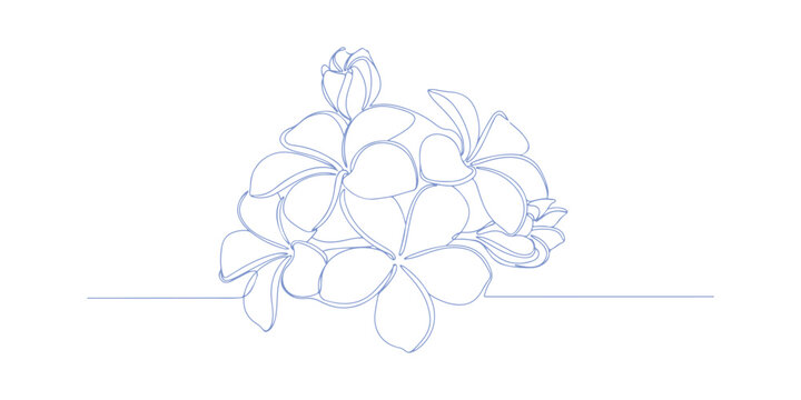 Plumeria flowers rendered in a continuous line art drawing technique. A corner border with aromatic tropical plumeria (frangipani, jasmine) flowers.
