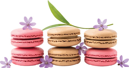 Obraz premium Three stacks of colorful macarons, featuring pink and beige cookies, decorated with delicate purple flowers and a green leaf on a clean white background.