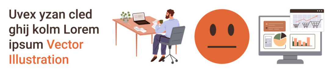 Fototapeta premium Remote work setups, business analysis, data visualization, productivity, emotions in work, and communication. Desk workspace with a man working and charts. Remote work and business analysis concept