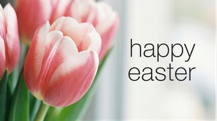 Pink tulips with happy easter text on blurred background