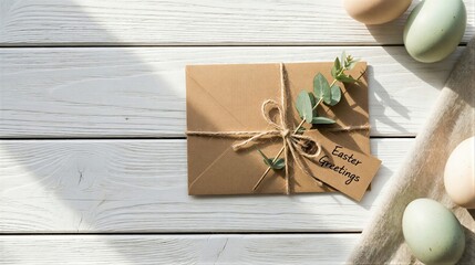 Easter greetings card with greenery and pastel eggs on white wooden table