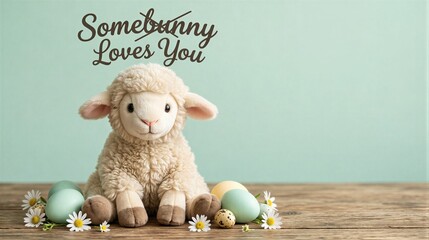 Cute lamb toy with colorful easter eggs and daisies on rustic wood