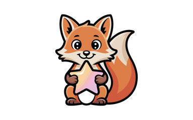 Cute Orange Fox Sitting and Holding a Pastel Pink Star Illustration on White Background