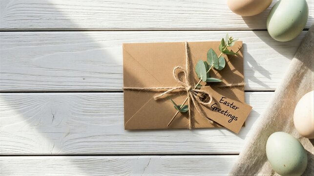 Easter greetings card with greenery and pastel eggs on white wooden table - Powered by Adobe