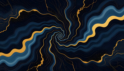 Luxurious abstract swirling waves in deep navy blue with elegant golden veins and accents, creating a hypnotic vortex&mdash;ideal for premium branding, sophisticated wallpapers, and high-end creative projec