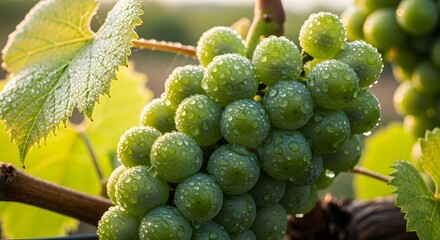 Dewy green grapes clinging to the vine sparkle brightly under the soft morning sunlight in the vineyard