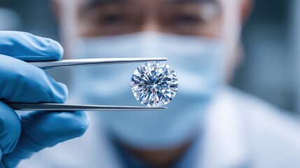 Asian man in blue gloves examines a brilliant diamond with precision tweezers, showcasing the intricate details and clarity of the gemstone in a professional setting