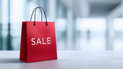Red shopping bag with SALE text displayed prominently on a clean surface, set against a blurred modern retail environment, conveying excitement and promotional offers