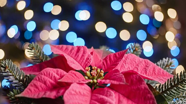 Vibrant red poinsettia with green foliage, pine sprigs, and warm bokeh holiday lights, festive glow