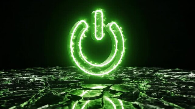 Illuminated power symbol glowing green on textured surface