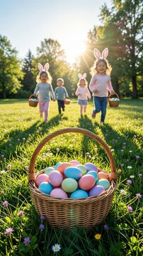 Children enjoy easter egg hunt in sunny park with basket of colorful eggs