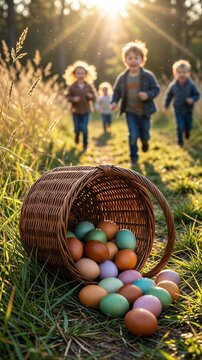 Children playing in sunlit field with colorful easter eggs