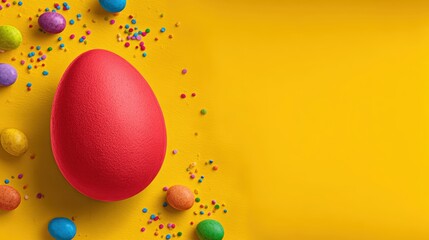 Bright red egg surrounded by colorful candy and sprinkles on a vibrant yellow background, creating a festive atmosphere for spring celebrations and holiday festivities
