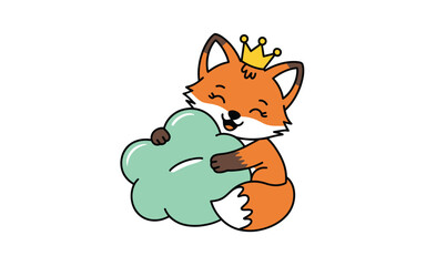 Charming Royal Fox Wearing a Crown Hugging a Soft Green Cloud Character Art