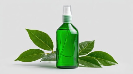 Green spray bottle with a transparent cap is placed among fresh green leaves, showcasing a natural and eco-friendly product for skincare or haircare applications
